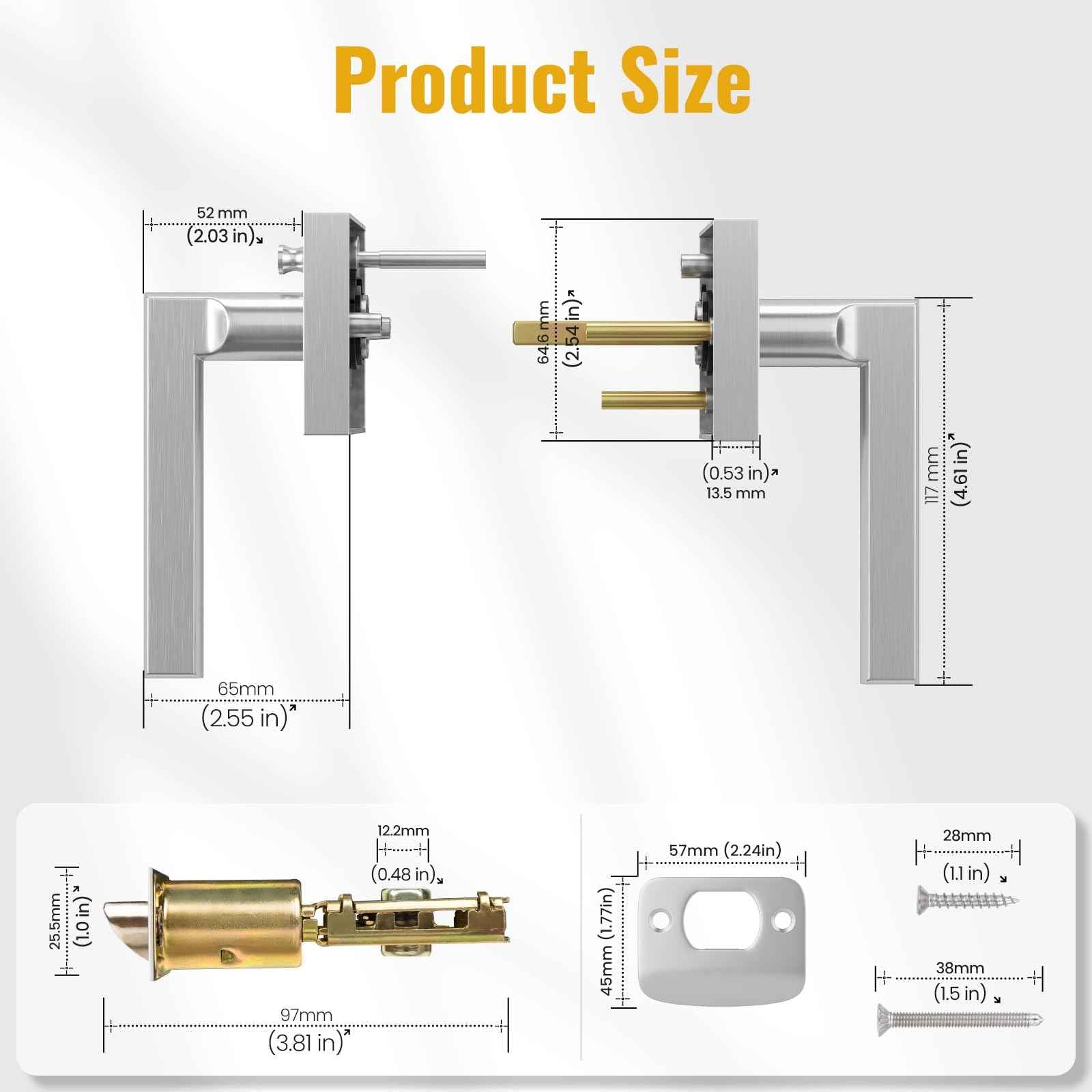 HOSOM Privacy Door Handles for Bedroom and Bathroom, Door Handle Interior Door Levers Keyless Reversible Square Door Locks, Satin Nickel, 1 Pack