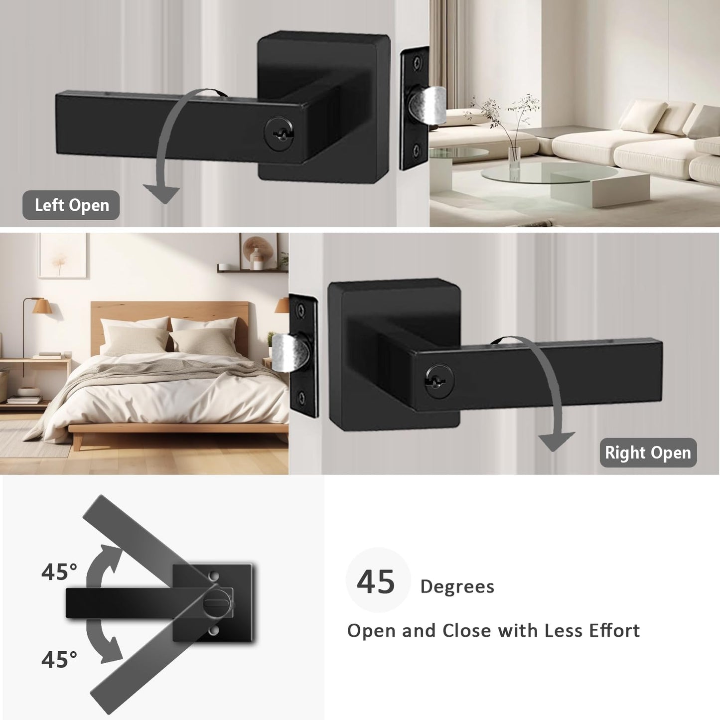 DSJJBLL 5 Pack Matte Black Door Handle Heavy Duty, Different Keys Entry Door Lever, Door Knobs with Lock and Key, Square Door Lever for Bedroom, Bathroom and Front Door