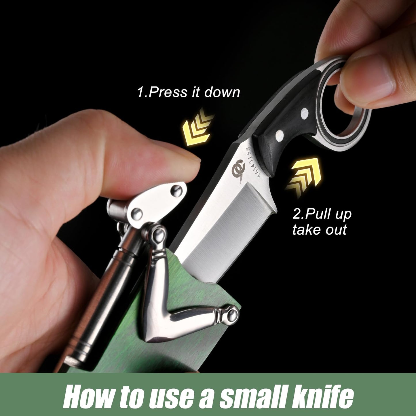 LEASUR Small Pocket Knife with Mechanical Arm and Wooden Sheath, Fixed Blade Knife For Keychain, Box Cutter, Fishing, Camping Tactical Knives, Cool Gadgets for Men (Green)