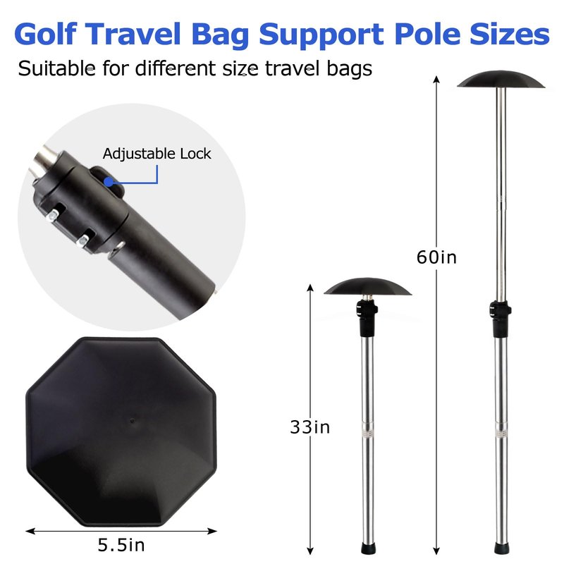 Greeily Golf Travel Bag Support Pole, 33"-60" Golf Travel Bag Support Rod Telescopic Adjustable Airlines Stiff Arm Club Protector Stainless Steel Pole (Black Cover)