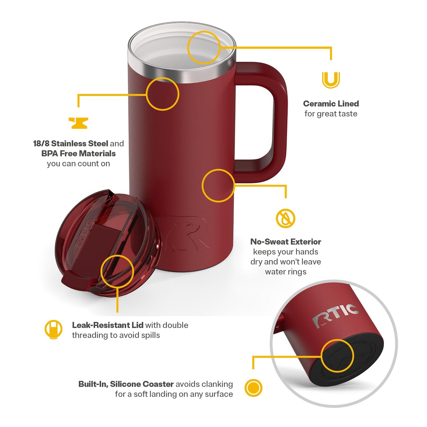 RTIC 16oz Road Trip Travel Mug with Lid and Handle, Insulated, Stainless Steel, Metal, Double Wall Vacuum-Insulation, Ceramic Lined, Portable Coffee, Tea Cup for Hot and Cold Drink, Black Cherry