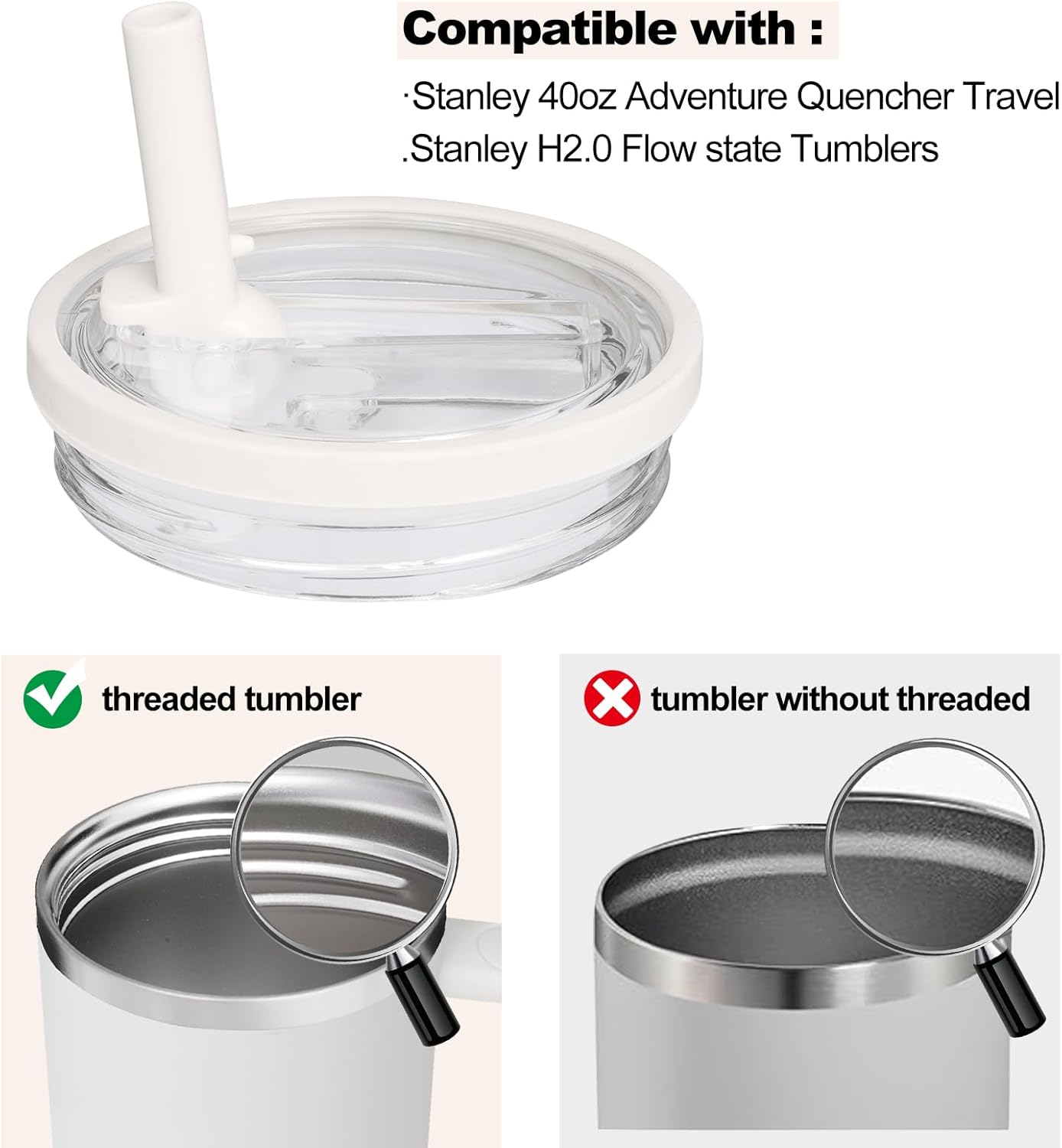Stanley 40 oz Tumbler Lid Replacement - Leak Proof Flip Straw Cover | No Spill Cream White