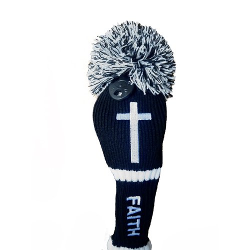 Knitted Golf Club Head Covers Driver 460cc Faith Cross Christian Embroidered Gift Wood POM POM Pull-On Closure (5 Wood)