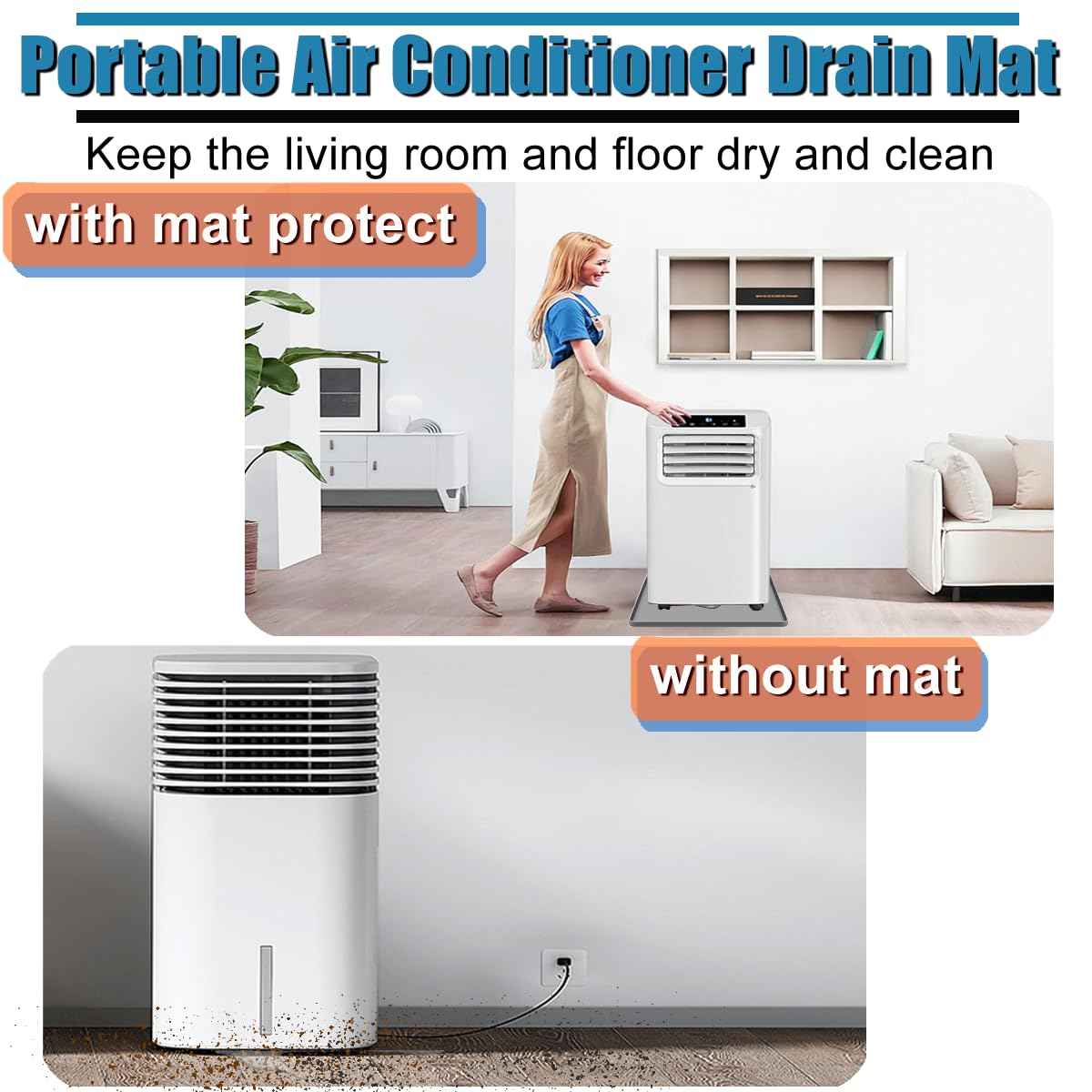 AC Drain Pan Air Conditioner Drip Pan, 24"X24" AC Unit Silicone Mat Tray with Raised Edge Portable Heater Tray, Floor, 2 in 1 Air Conditioner Floor Mat Non-Slip Waterproof Protector Pad