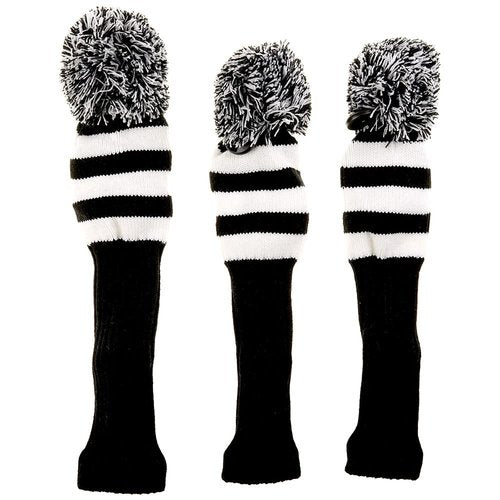 GOOACTION 3PCS Knitted Golf Head Covers 1-3-5 for Driver and Fairway Woods with Long Neck Design Vintage White and Black Sock Pom Pom Golf Club Head Covers Set