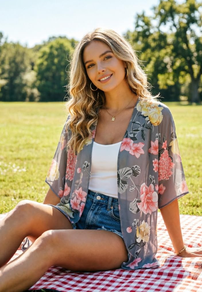 FINOCEANS Womens Floral Chiffon Kimono Cardigans Loose Beach Cover Up Half Sleeve Tops