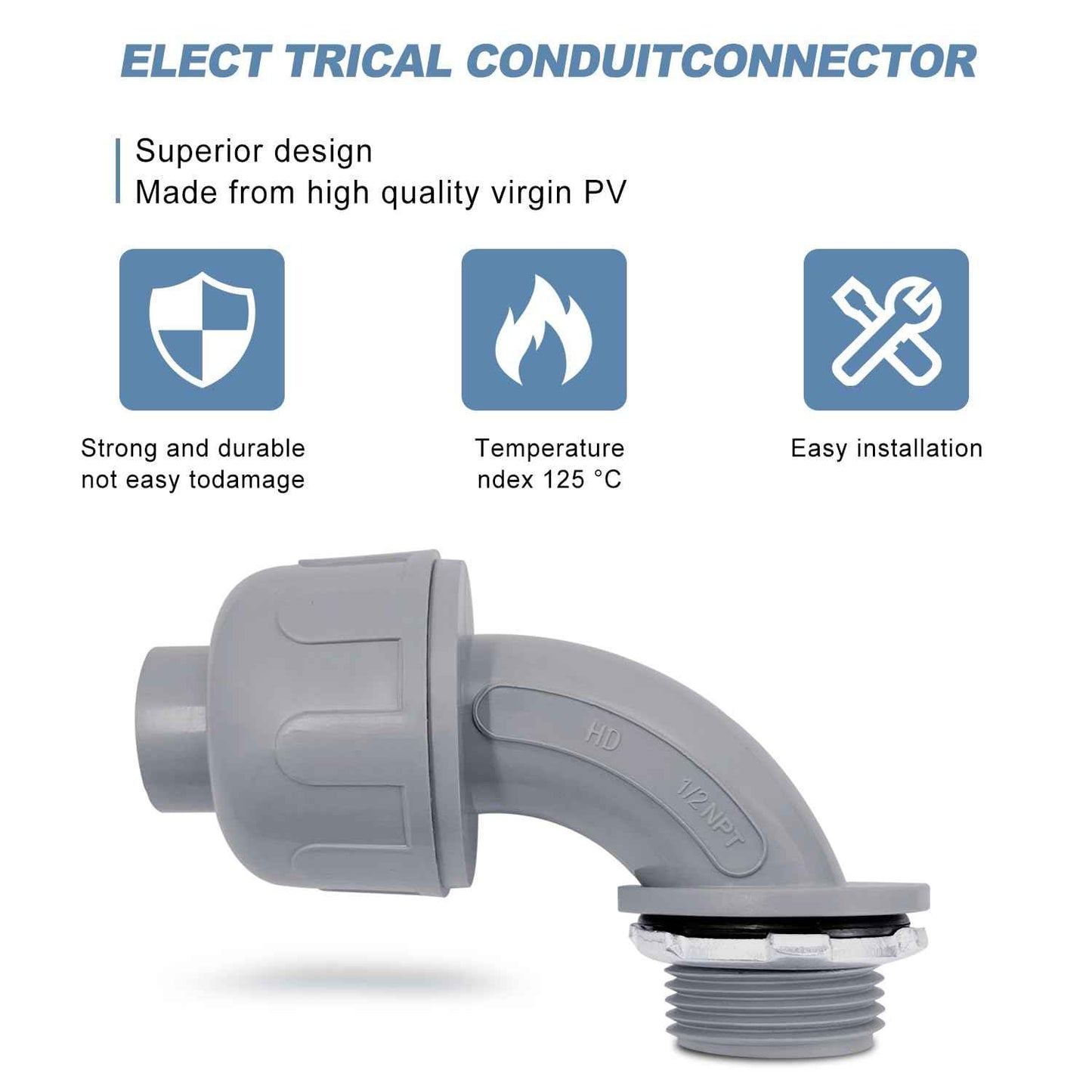 1/2 inch Liquid Tight Connector 90 Degree PVC nonmetallic Flexible Conduit Connector, UL Listed Liquid Tight Electrical Conduit Fittings (100 Pcs)