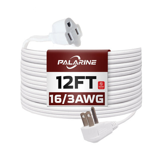 PALARINE White Flat Plug Extension Cord 12 ft, Indoor Extension Cord, 16/3 SPT-3 13A 3 Prong Power Cord for Kitchens, Behind Furniture, Office, UL Listed