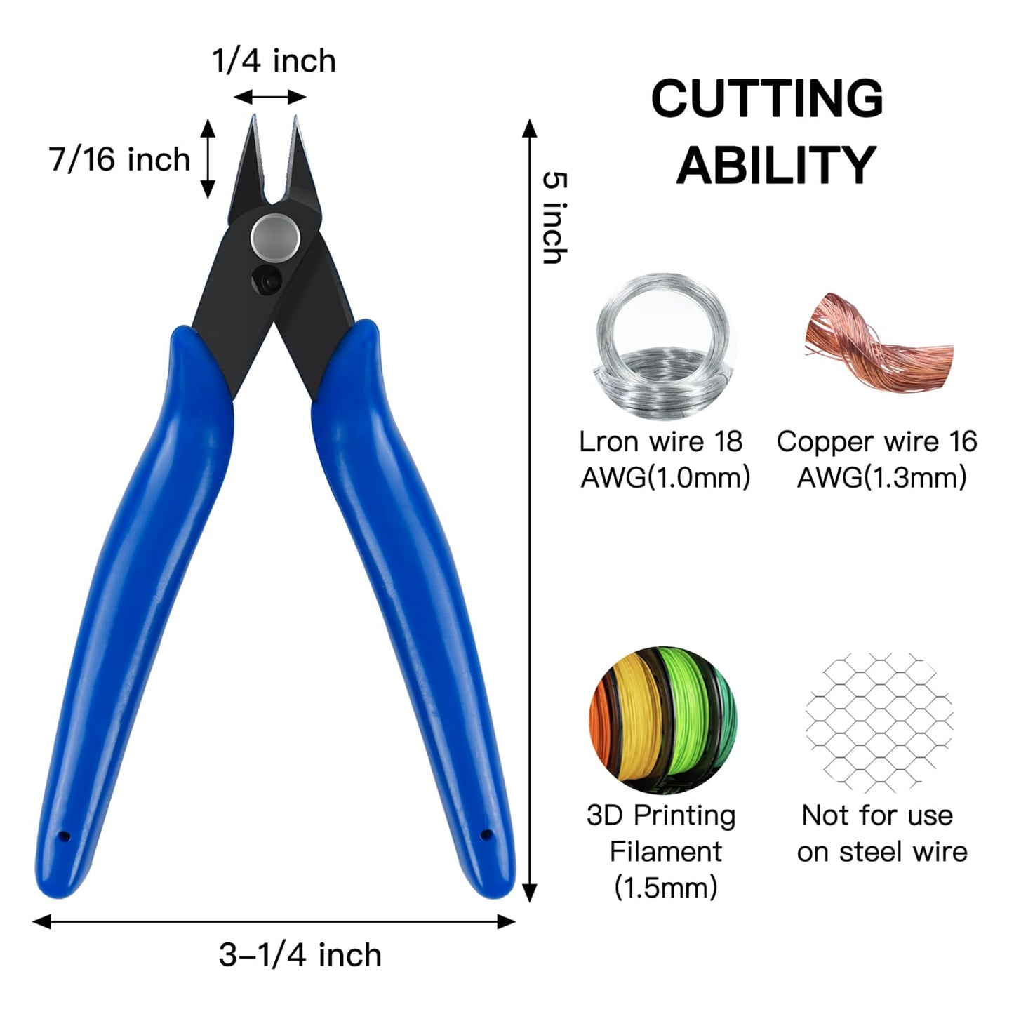 HongWay 5pcs Micro Flush Cutters With Internal Spring, 5 Inches Blue - Side and Diagonal Cutters for Electronics, Heating Wire, Model Sprue, Soft Copper Wire Snips