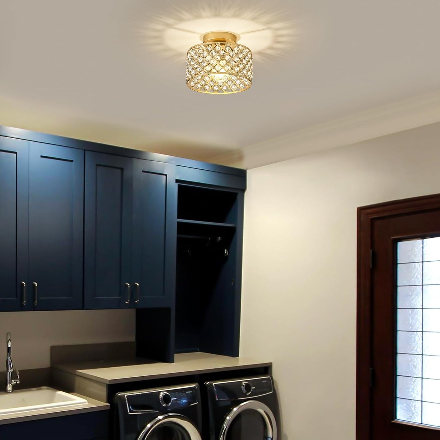 Modern Black Crystal Semi Flush Mount Ceiling Light Fixture - 11.2" Round Chandelier for Dining Room, Hallway, Kitchen & Bedroom