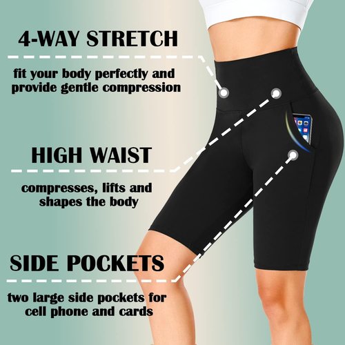 FULLSOFT Biker Shorts for Women - 4 Pack High Waisted Tummy Control with Pockets | 8" Yoga & Running Shorts