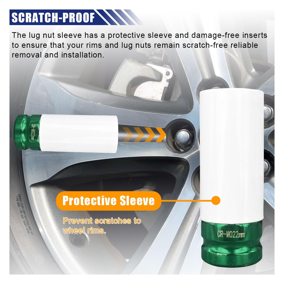 1/2" Drive 22 mm Lug Nut Impact Socket, Non-Marring Deep Lug Nut Socket, Thin Wall Wheel Rim Protector Sleeved Socket (22mm/0.9inch)