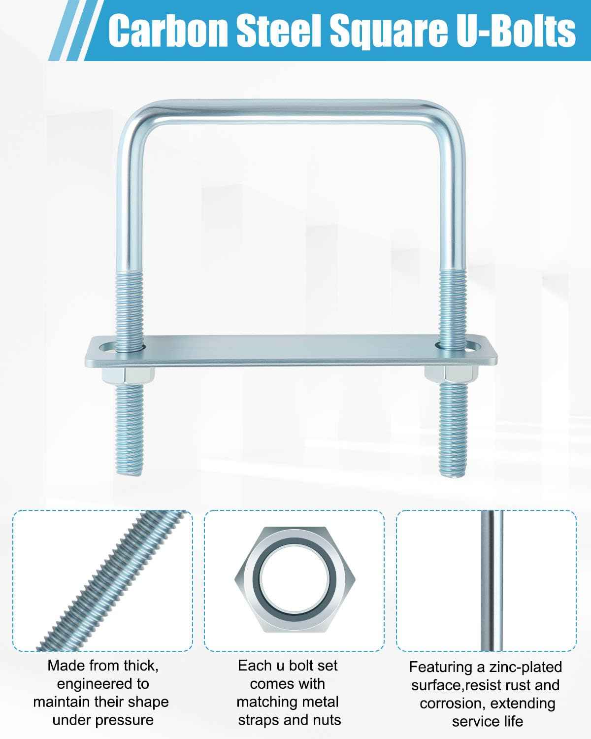 AOKLIT 6 Pcs U Bolts 4 Inch Wide Zinc Plated, Square U Bolt Carbon Steel for Sailboat Trailers, Tube, Industrial Supplies(3/8" x 4" x 5"')