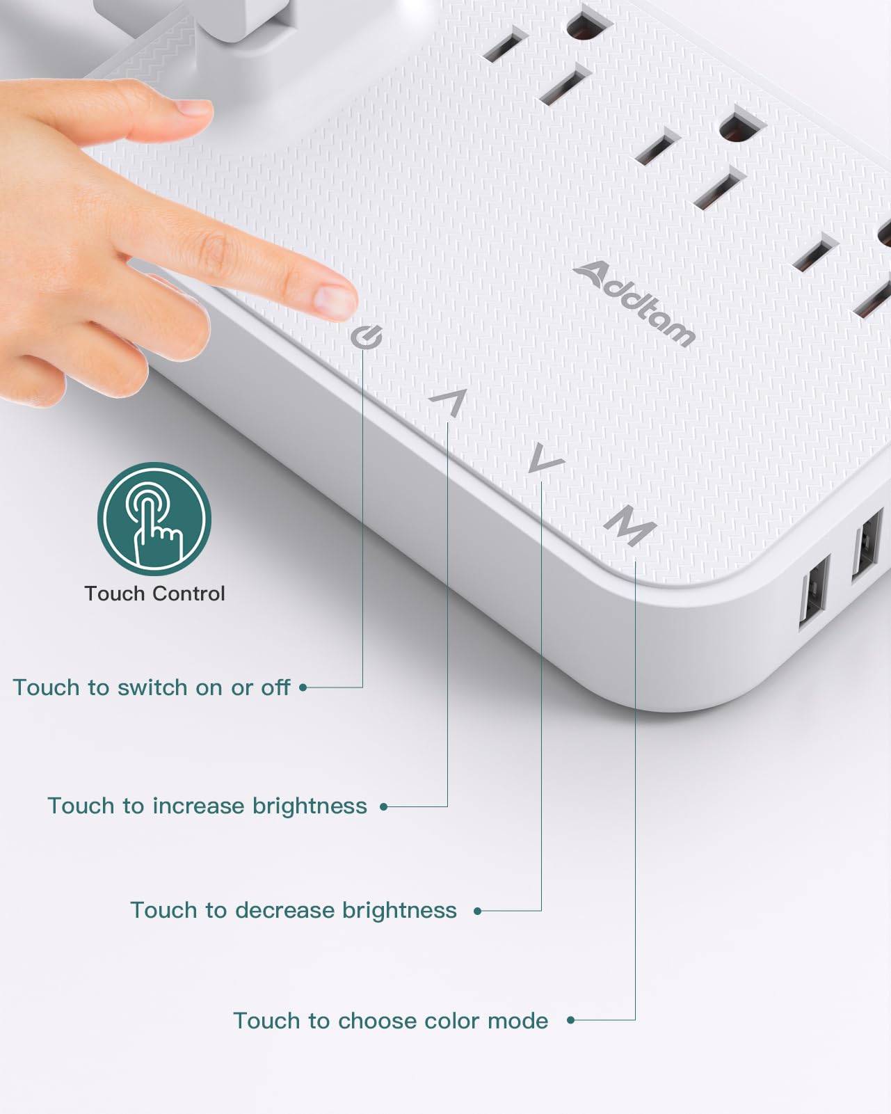 Addtam LED Desk Lamp, Power Strip with 3 Outlets 4 USB Charging Ports(2 USBC), 4 Modes 5 Level Brightness Touch Lamp, Small Desk Lamp for Home Office College Dorm Room Essentials, White