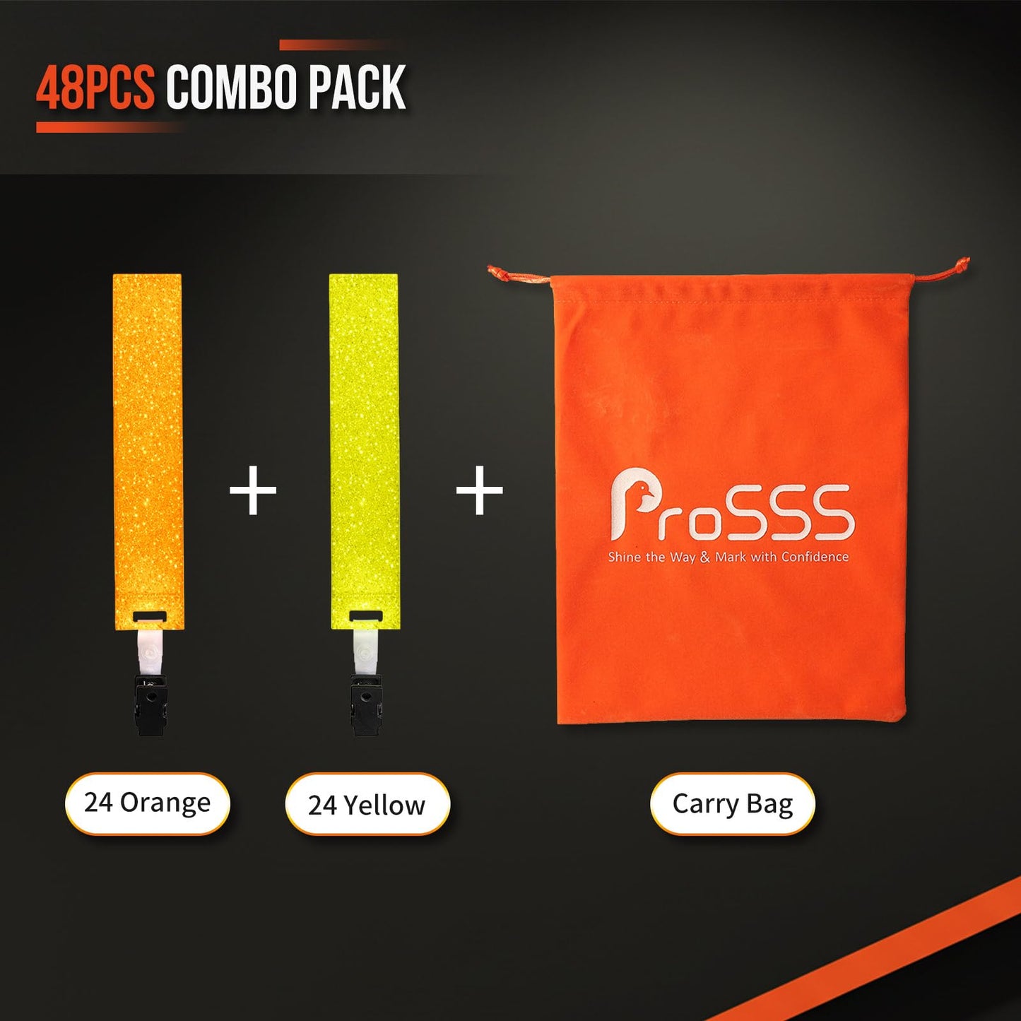 ProSSS Reflective Trail Markers for Hunting & Hiking, Large 150×30mm Reflective Strips (24/48 pcs), Fluorescent Orange & Yellow with Starry Reflective Dots, High Visibility Tree Clips & Carry Bag