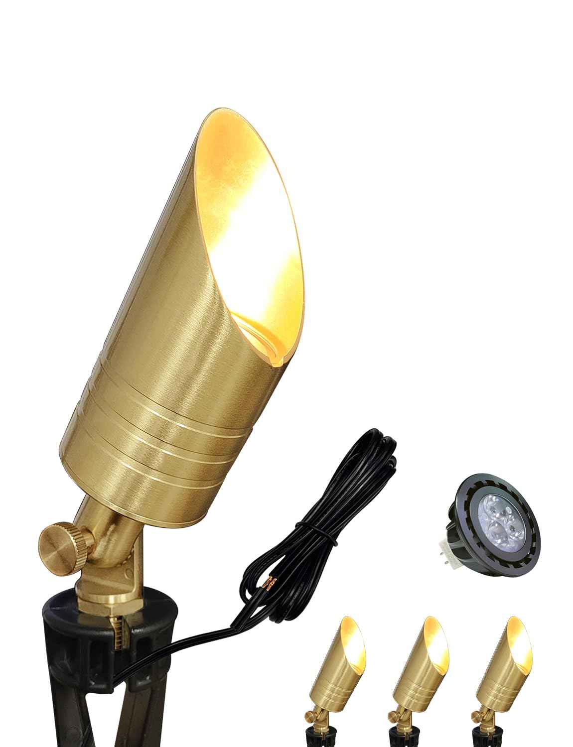 MALORY Brass Landscape Spotlight,12V AC/DC Low Voltage LED Landscape Lighting,Waterproof Spot Up Light for Garden,Patio and Yard (4-Pack with Bulb)