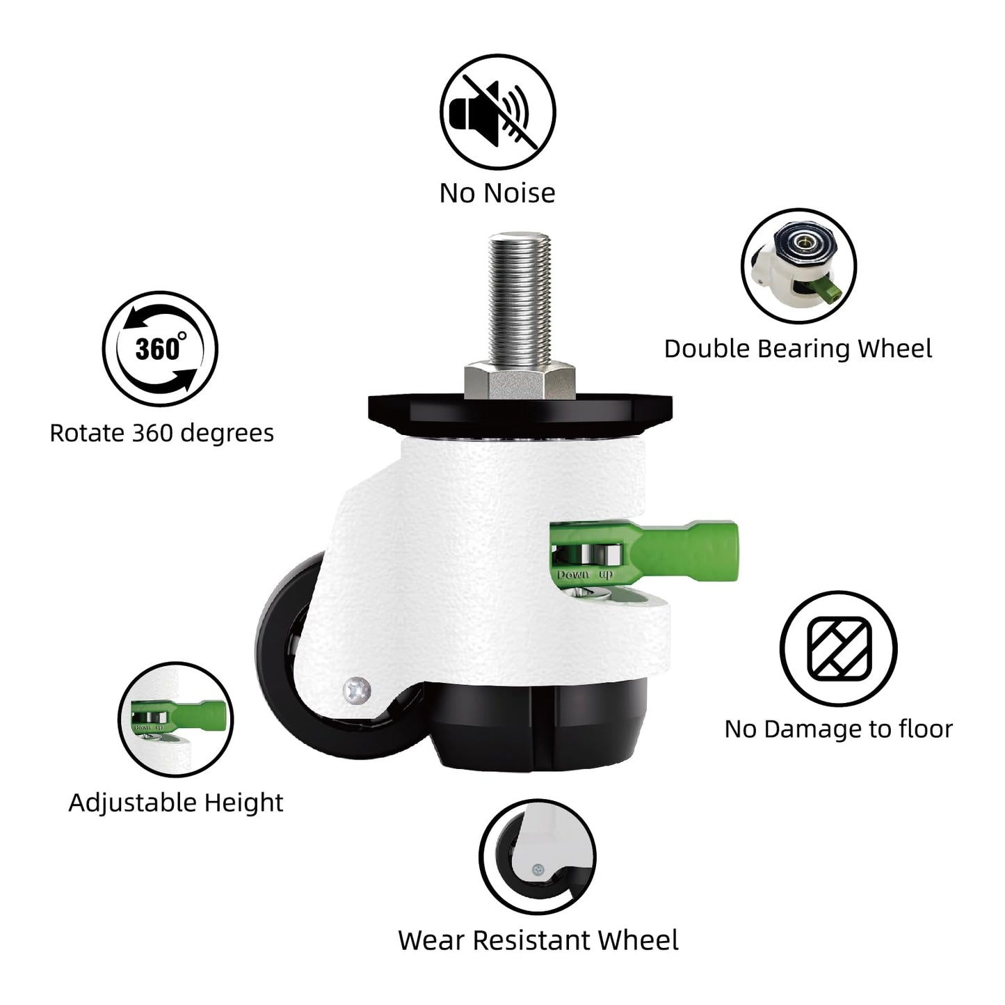 Heavy Duty Caster Wheels Set of 4, Leveling Stem Casters with Retractable Wheels 6600 Lbs Total Capacity, 1/2" & M12 Stem Sizes Adjustable with Ratchet Handle for Workbench, Machinery & Equipment