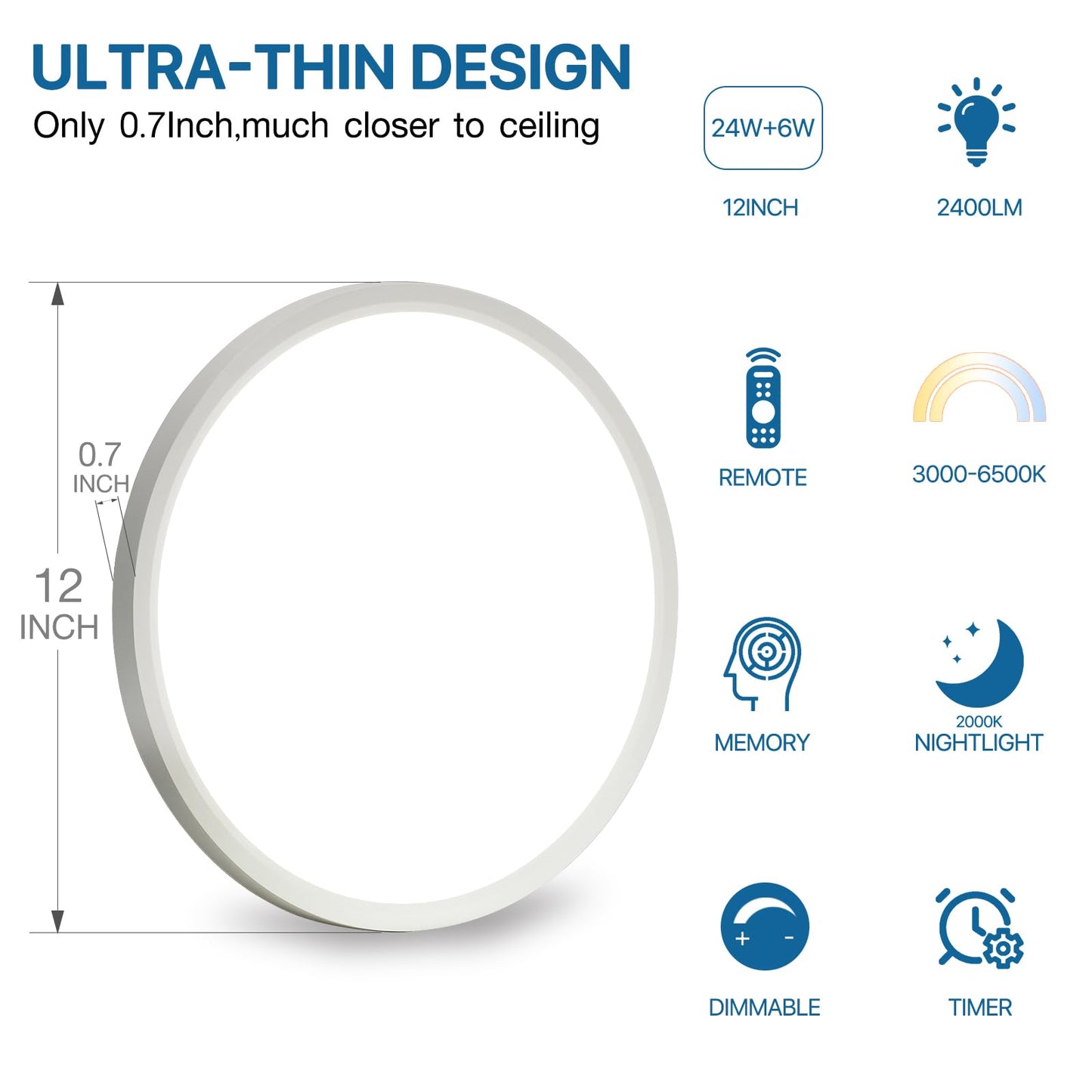 12Inch 4Pack flush mount Led ceiling light with Remote Control,Ultra Slim 24W 3000K-6500K Color Adjustable Ceiling Lamp for Living Room/Kitchen,2000K Warm Nightlight for Bedroom, Memory Function
