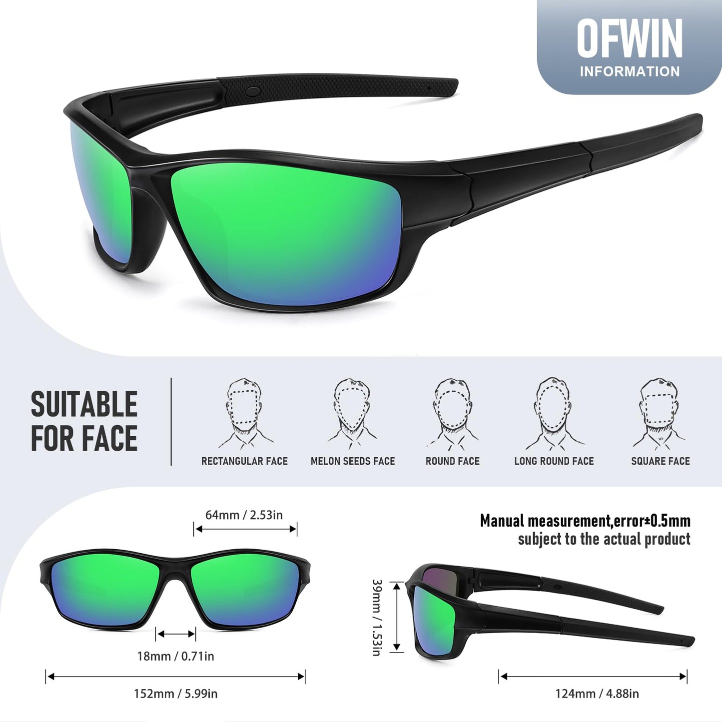 Ofwin Polarized Sports Sunglasses for Men Women Driving Cycling Fishing Wrap Around Sun Glasses UV400 Protection Matte Black Frame/Green Mirror Lens