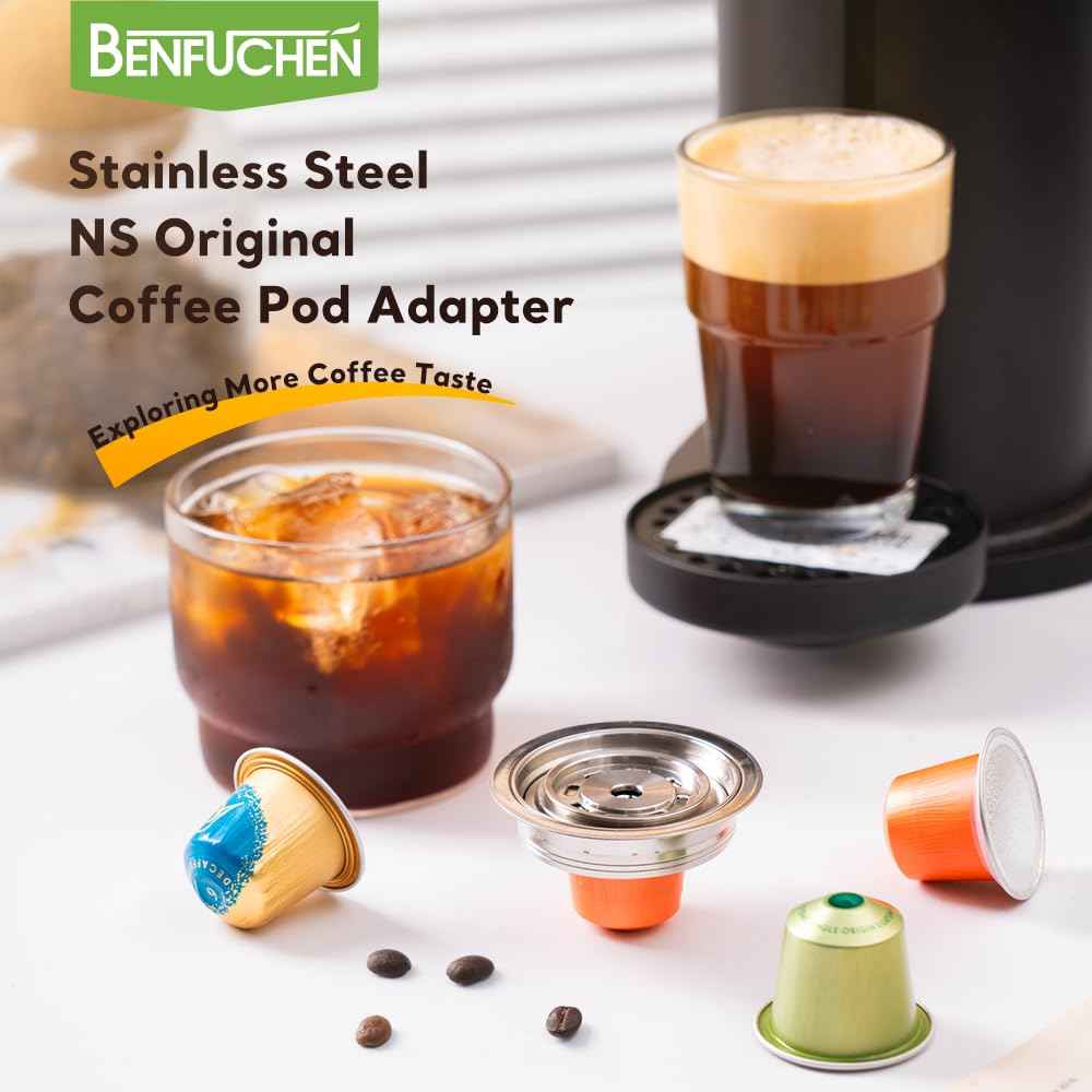Reusable N espressoVertuo Pod Adapter Compatible with Delonghi ENV135/VertuoLine GCA1, BENFUCHEN Stainless Steel Coffee Capsule Converter For VertuoMachine, Brewing NS Coffee (Brewing 150 ML/5 oz)