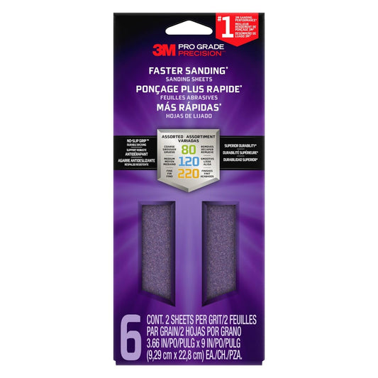 3M Pro Grade Precision Sanding Sheets with No-Slip Grip, 3-2/3 x 9 in, Assorted Grits, 6-Pack (SHTRASST-PGP6T)