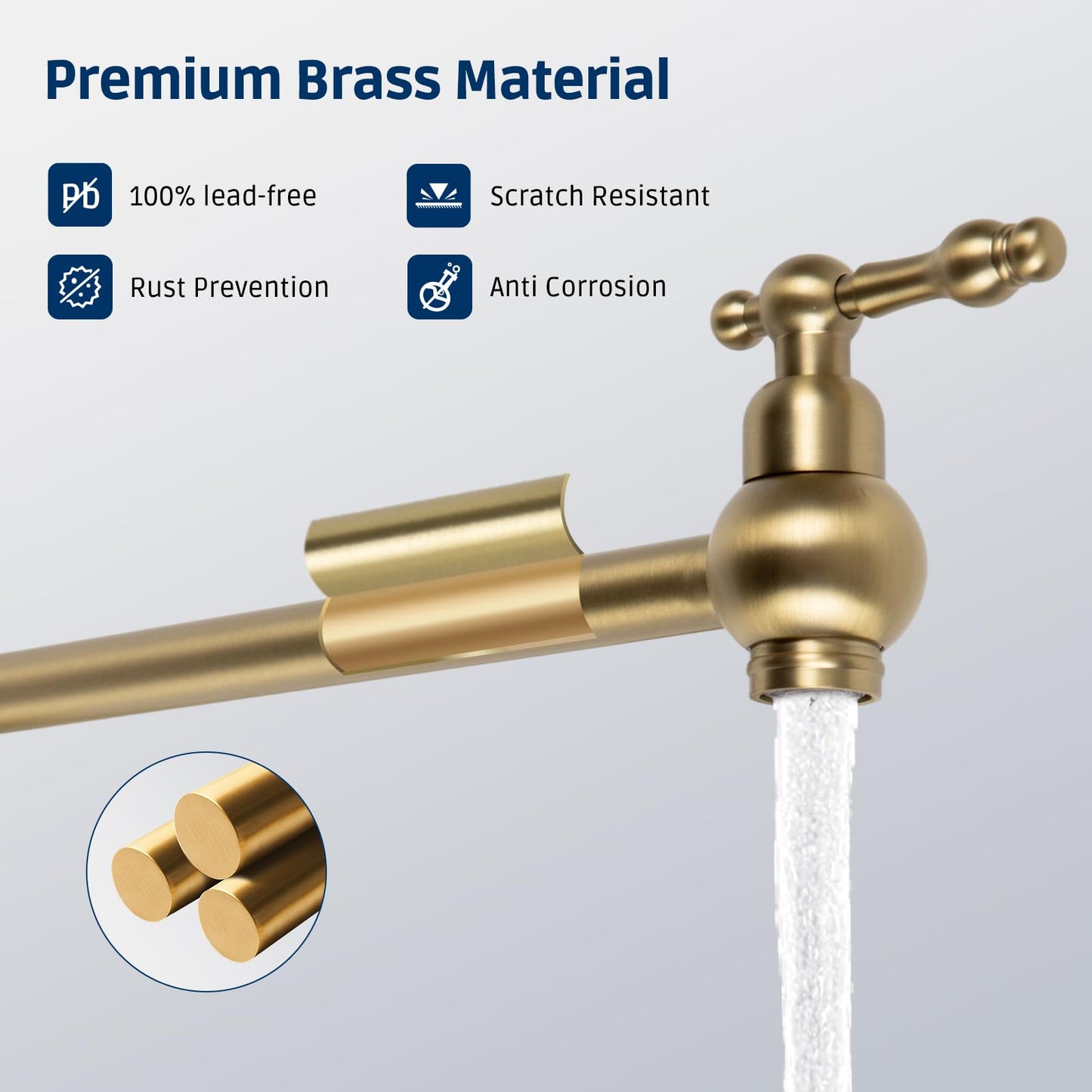 Allkorma 23" Brass Pot Filler Faucet Brushed Gold, Wall Mount Over Stove Water Faucet, Antique 2 Handles Folding Stretchable Pot Filler