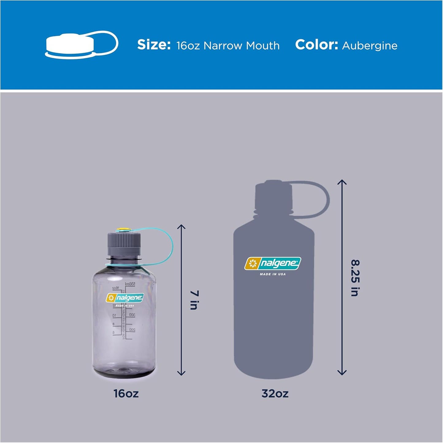 Nalgene 16 oz Narrow Mouth Water Bottle - BPA-Free, Durable & Leak-Proof, Lightweight Aubergine