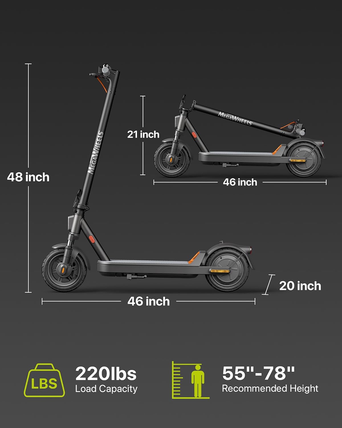 MEGAWHEELS Electric Scooter - Foldable Design with Suspension & 10-Inch Tires | 15MPH Max Speed, 31-Mile Range
