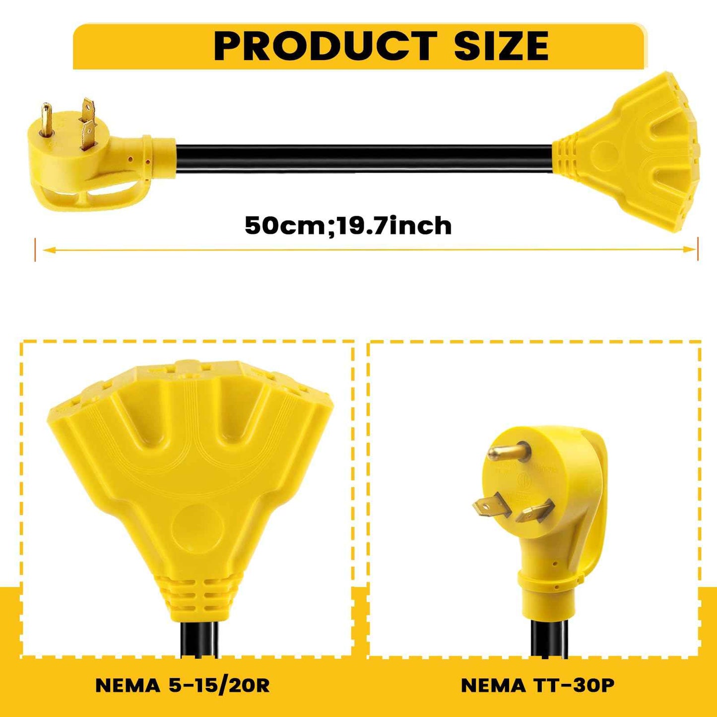 KANGIKX 30 Amp to 110V 20 Amp RV Distribution Adapter, NEMA TT-30P Male to 3X5-15/20R Female RV Generator Adapter Cord, 30 to 20Amp 125V 3-Prong to Multiple Household Outlet 1.6FT