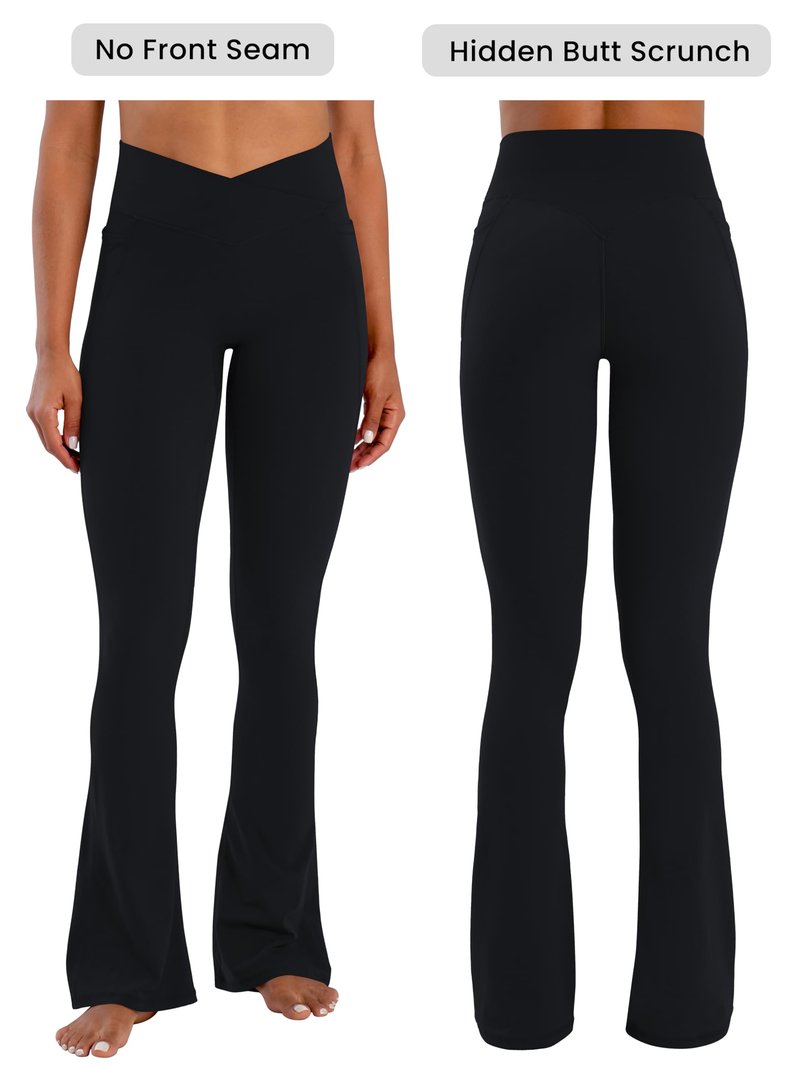 Sunzel Hidden Butt Lifting Scrunch Flare Leggings for Women with Pockets No Front Seam Tummy Control Mini Flared Yoga Pants 32" Inseam Black Large