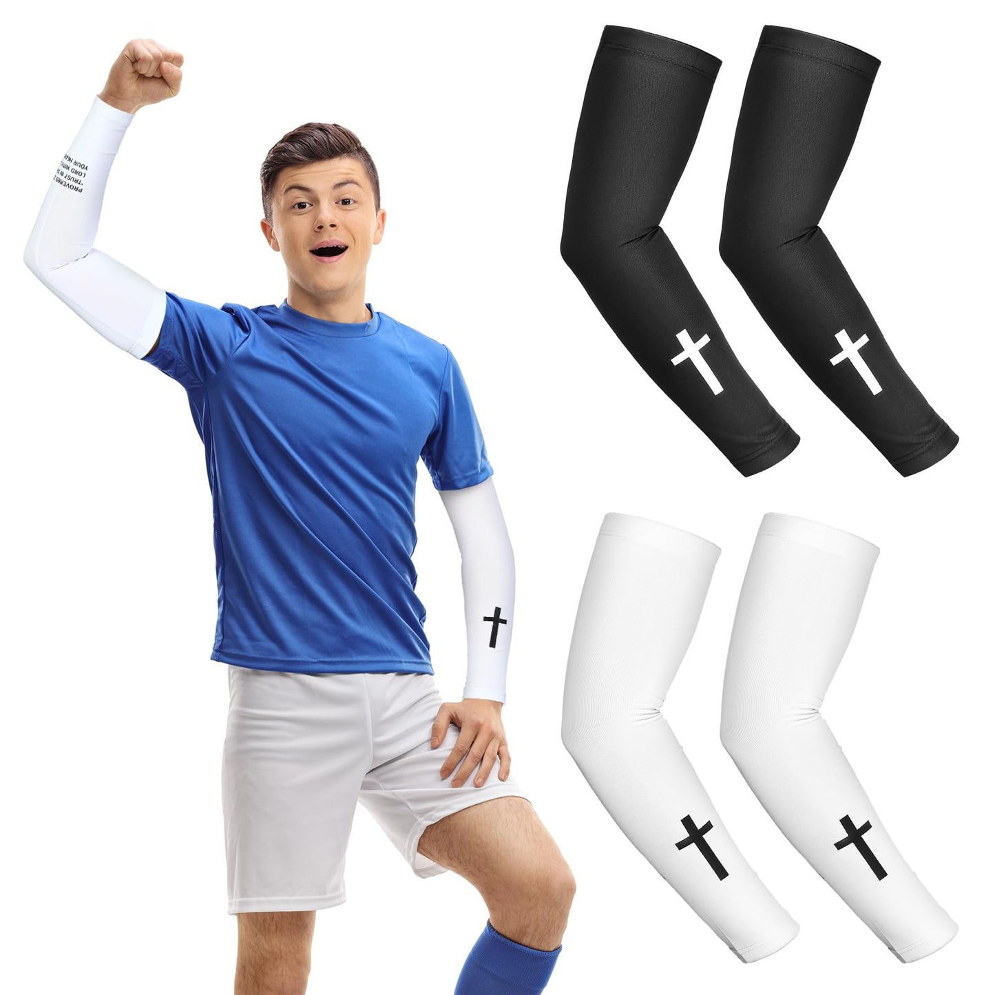Bunnycool 2 Pairs Cross Arm Sleeve Christian Compression Arm Sleeve Youth Football Baseball Volleyball(White,Black,Large,Proverbs 3:5)