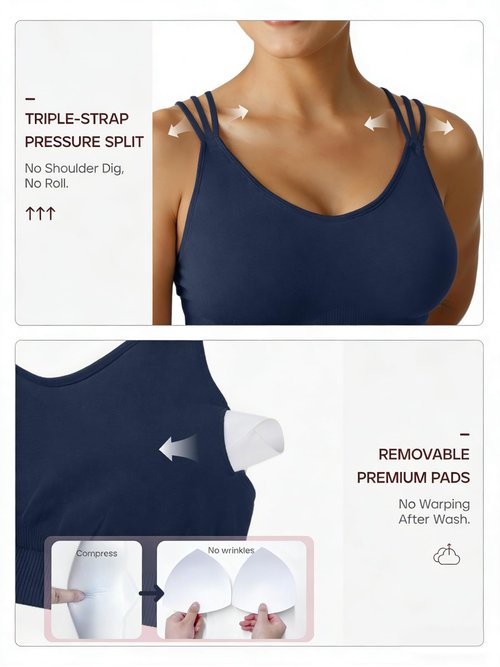 FITTIN Padded Sports Bra for Women: Strappy Seamless Zero-Friction Yoga Bra for Pilates Lounge - 3-Straps 30% Less Pressure Ultra Comfortable Support for Large Bust Casual Woman