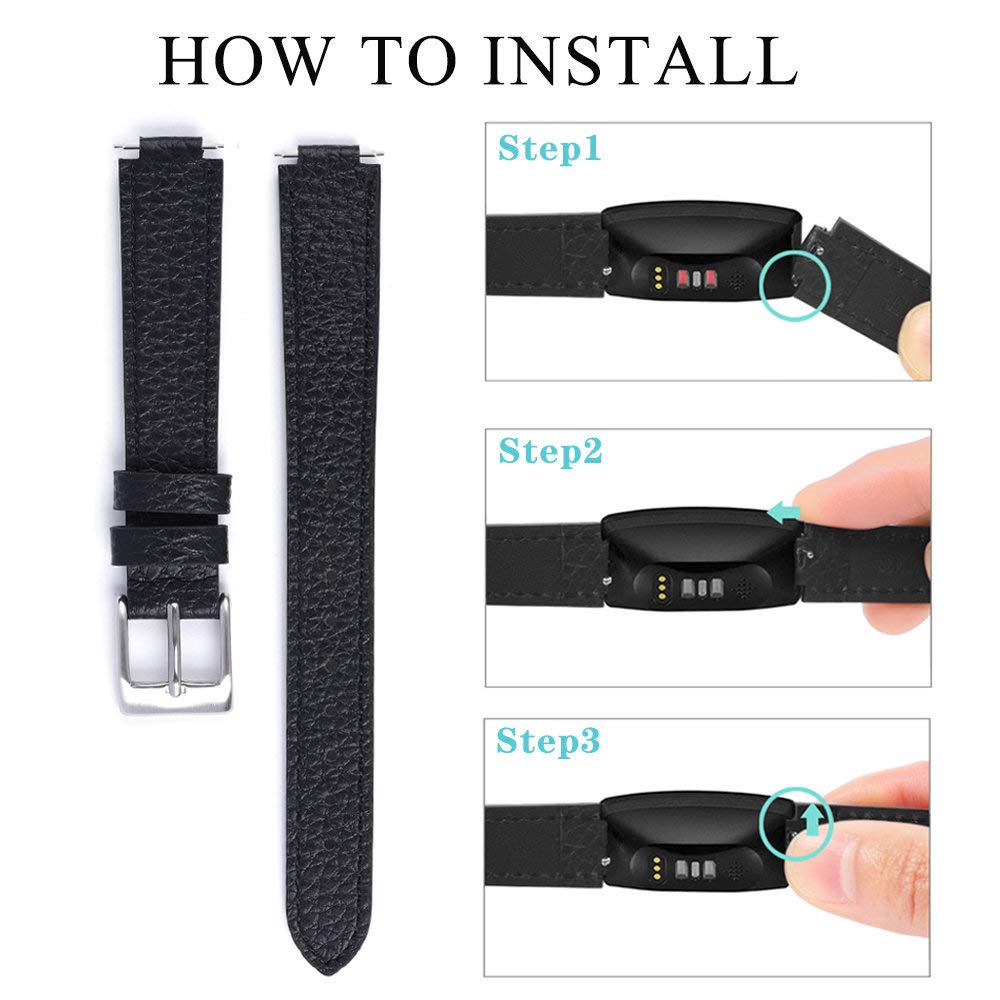 Genuine Leather Bands Compatible with Fitbit Inspire 3/Inspire 2/Inspire HR/Inspire, Classic Replacement Wristbands Straps with Quick Release Women Men Black