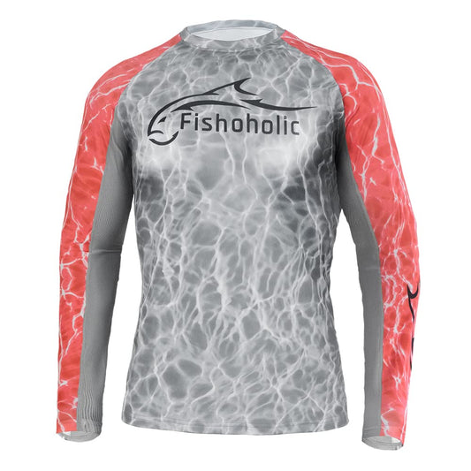 Fishoholic UPF 50 Women's Performance Fishing Shirt - Long Sleeve - Women's Cut - Breathable Quick Dry Sun Protection (wm-LS-gryCORALh2o-1X)