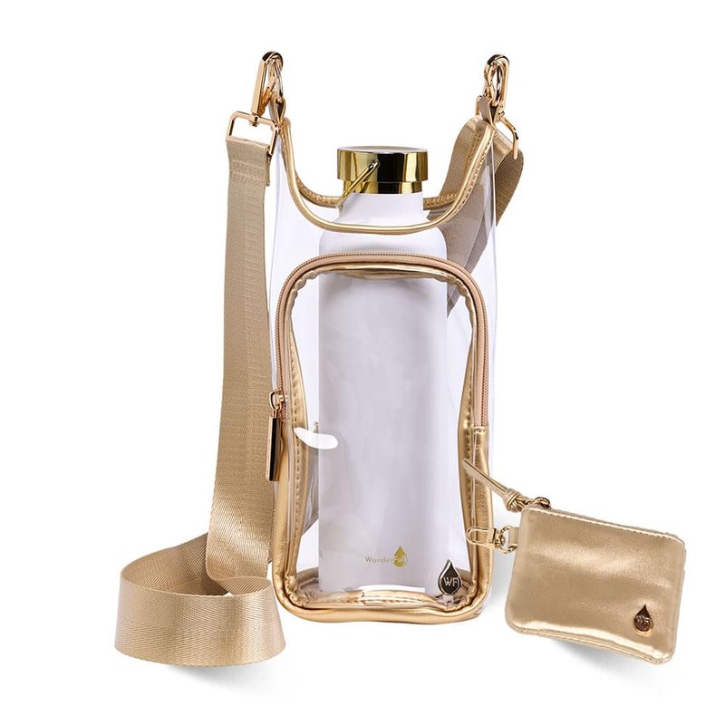 WanderFull® Clear Stadium HydroBag® w/Matching Pouch Fits Up to 32 oz Water Bottle Holder w/Strap, Hands-Free Crossbody Water Bottle Carrier Bag w/Phone Pocket, Tumbler Accessories - Gold Trim