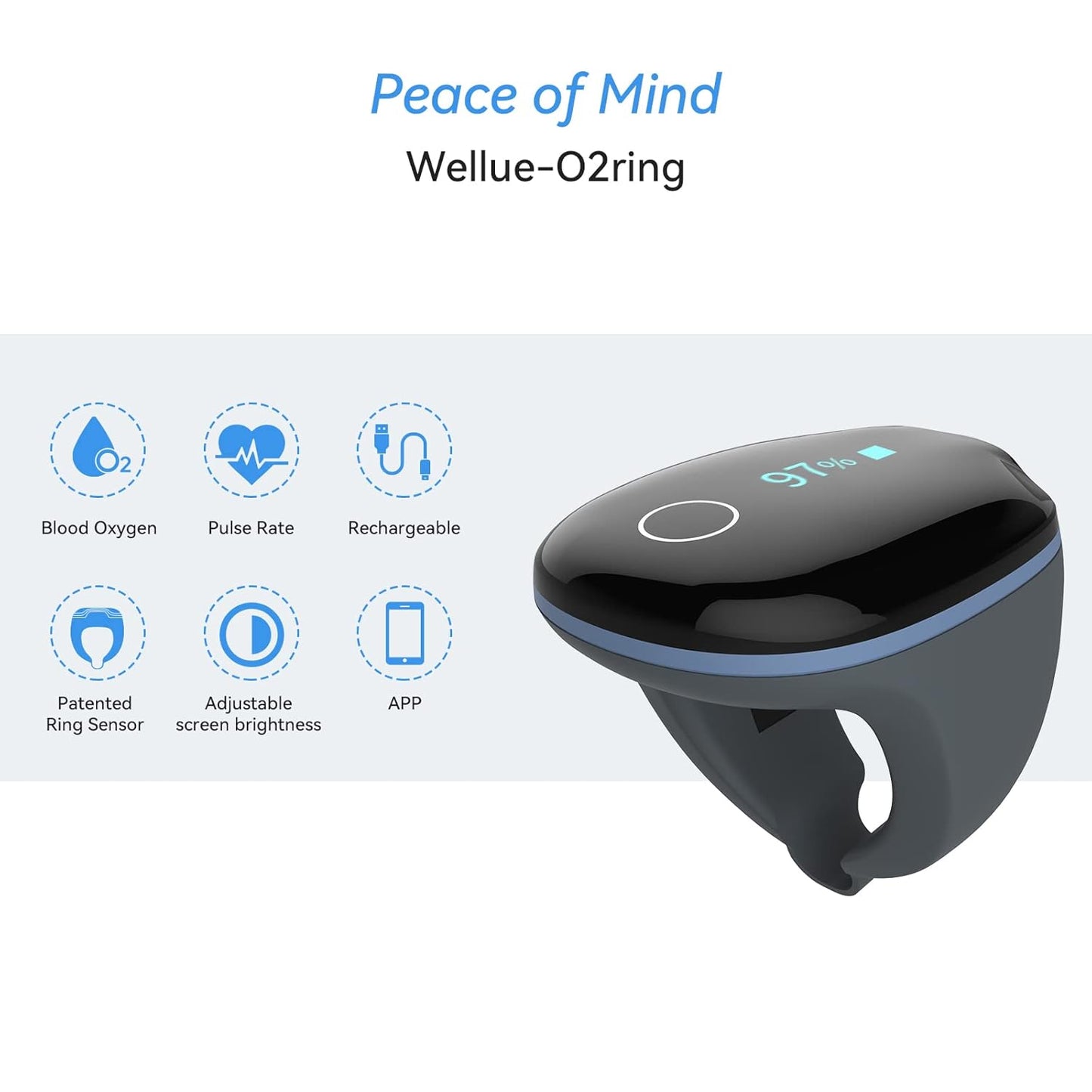 Wellue O2Ring Pulse Oximeter - Bluetooth Rechargeable Oxygen Monitor with Reminder | Continuous Tracking of Oxygen Levels and Pulse Rate