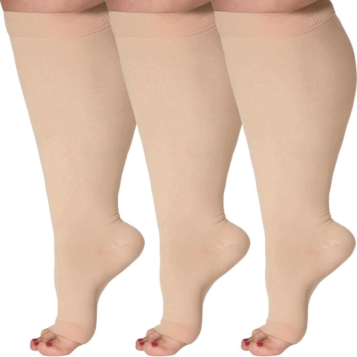 Skiennix Open Toe Compression Socks - Plus Size 15-20mmHg Toeless Wide Calf Support - 3 Pairs