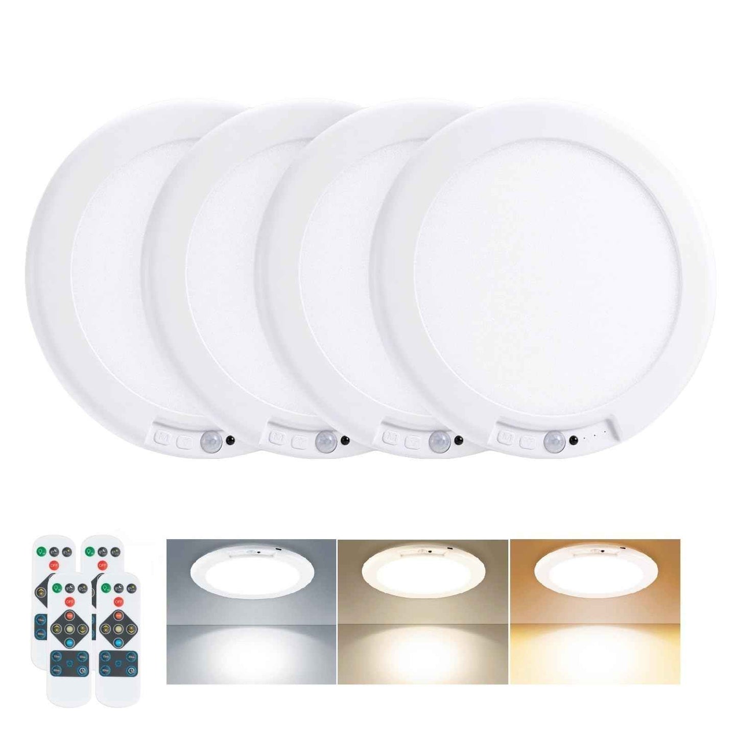 QQLXST 4-Pack Rechargeable Motion Sensor Ceiling Light with Remote, Wireless Dimmable 3000K/4000K/6500K Waterproof Shower Lamp, Magnetic Battery Operated Closet Light for Hallway Pantry, No Wiring