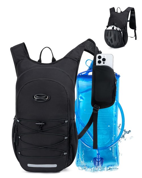 Hydration Backpack with 2L Water Bladder, Hiking Water Backpack for Men Women with Phone Pocket and Helmet Holder, Hydration Pack for Running Biking and Cycling, Black