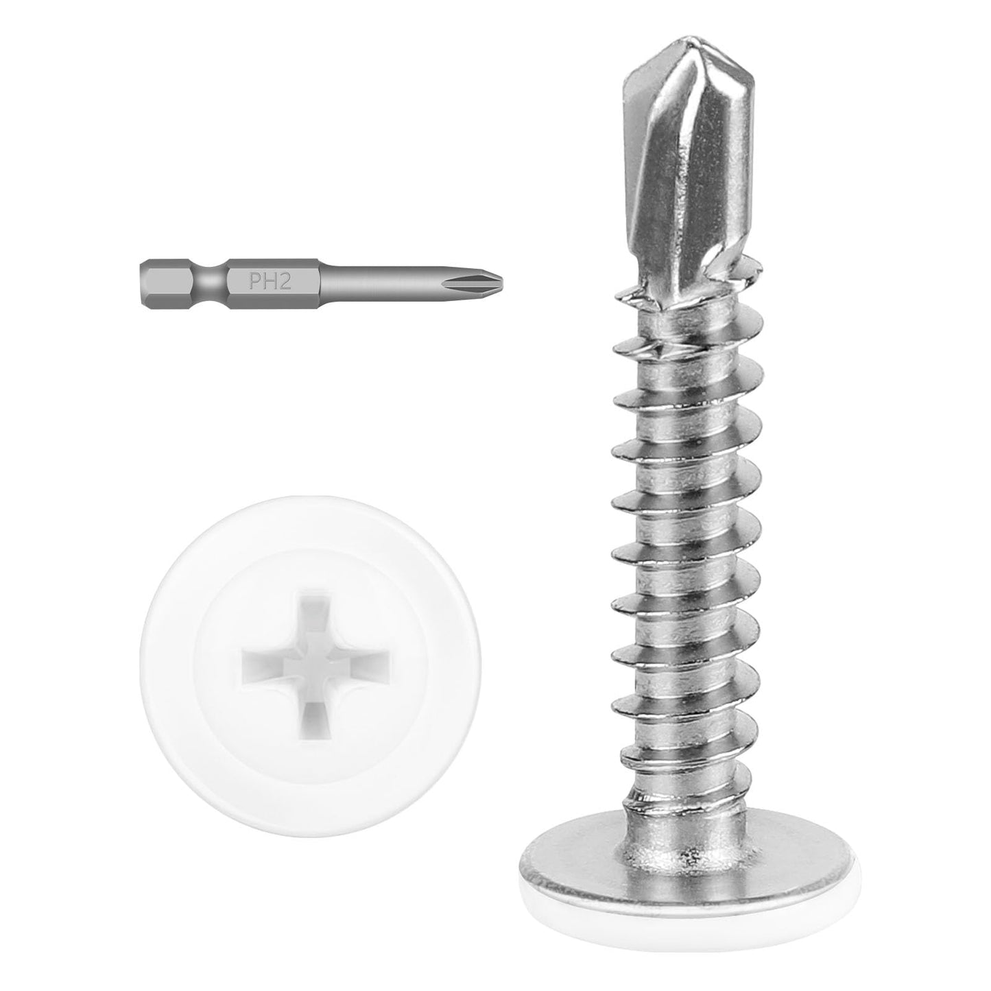 #8 x 1 (100 PCS) White Head Fast Self Tapping Sheet Metal Screws, Modified Truss Head Self Drilling Screw, Full Thread, Screwdriver Bit Included