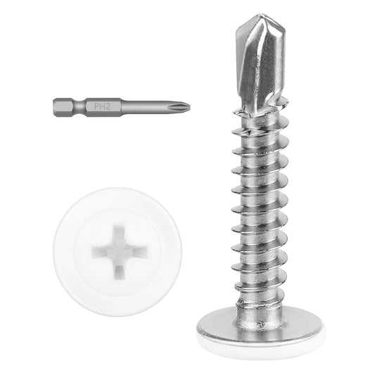 #8 x 1 (100 PCS) White Head Fast Self Tapping Sheet Metal Screws, Modified Truss Head Self Drilling Screw, Full Thread, Screwdriver Bit Included