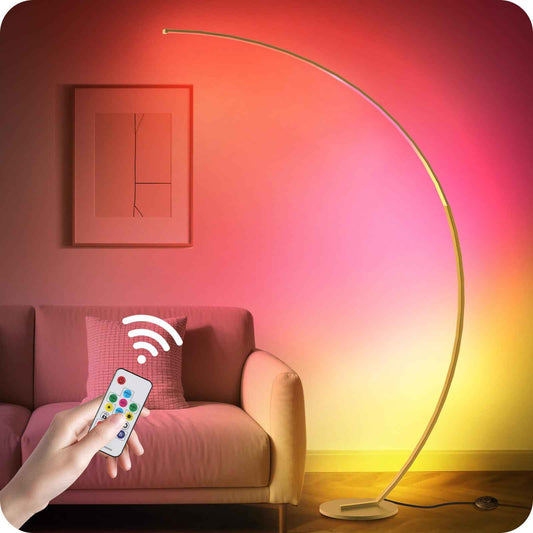 RGBW Floor Lamp, 75 inch Standing Tall Lamp, Dimmable Arc Floor Lamp for Living Room with Foot and Remote Control, 18 DIY Colors, 3000K-6000K White, Color Changing Ambient Light, Gold RD62LD05