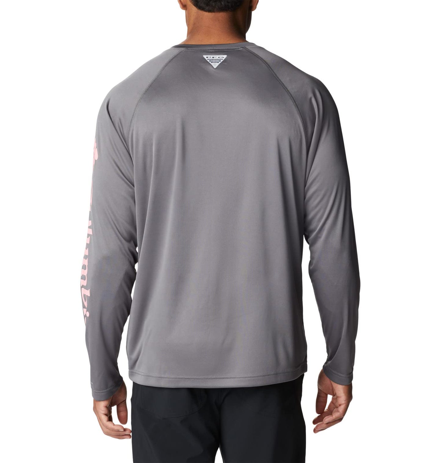 Columbia Men's Terminal Tackle Long Sleeve Shirt, City Grey/Pink Pop Logo, 2X Tall