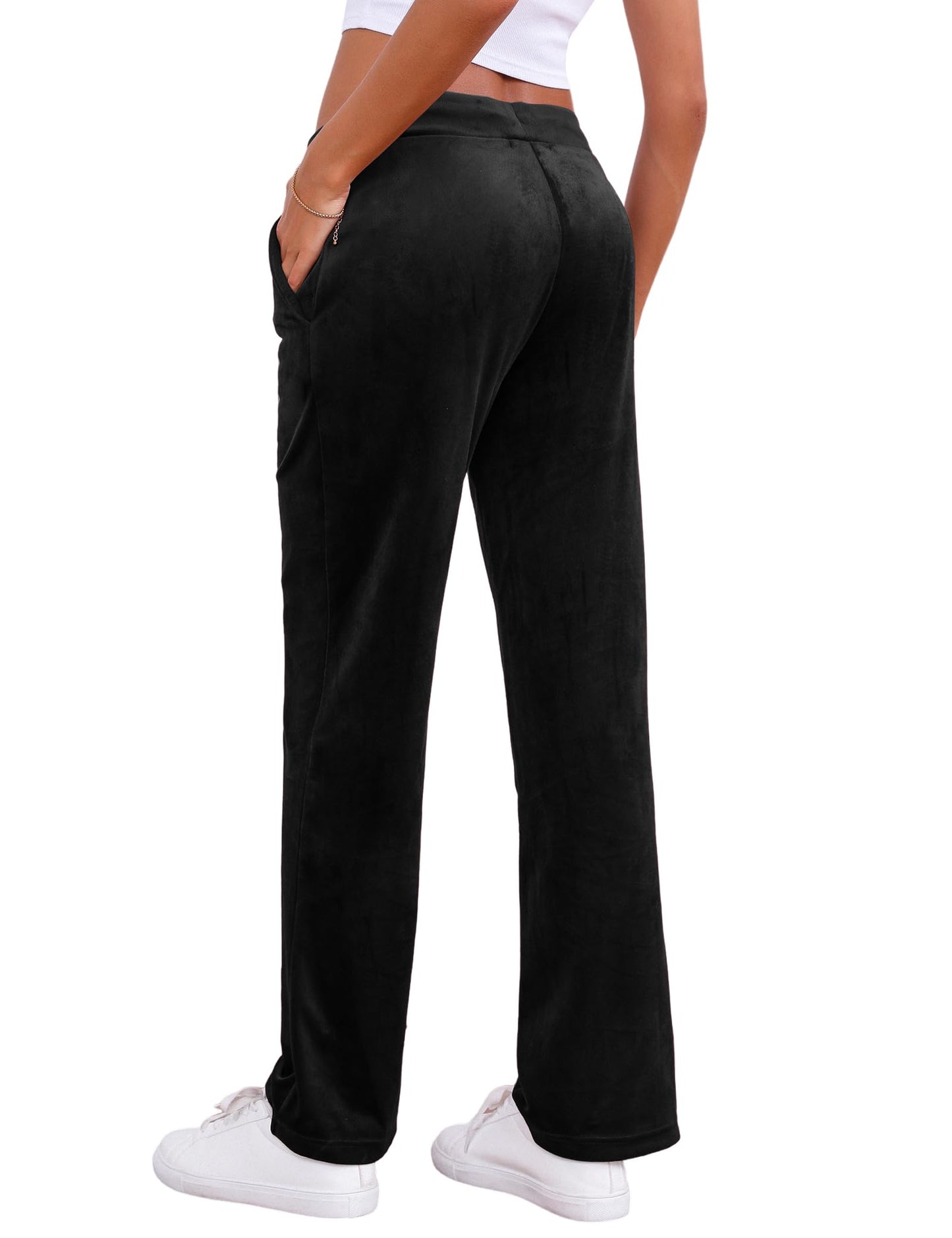 Pescool Velour Pants for Women, Straight Leg Womens Velour Sweatpants, Velvet Wide Leg Lounge Pants for Women with Pockets (Black, S)