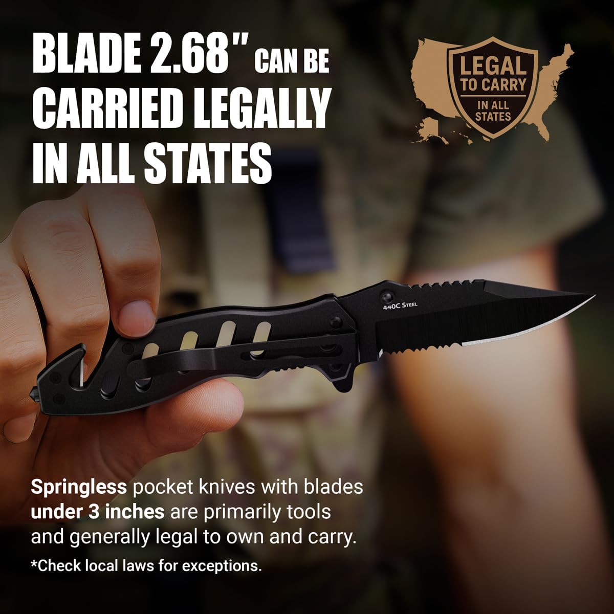 Skiennix Tactical Legal Knife - 2.68-Inch Serrated Blade | Compact Black Pocket Tool with Glass Breaker & Seatbelt Cutter - Perfect for Camping & EDC Gifts