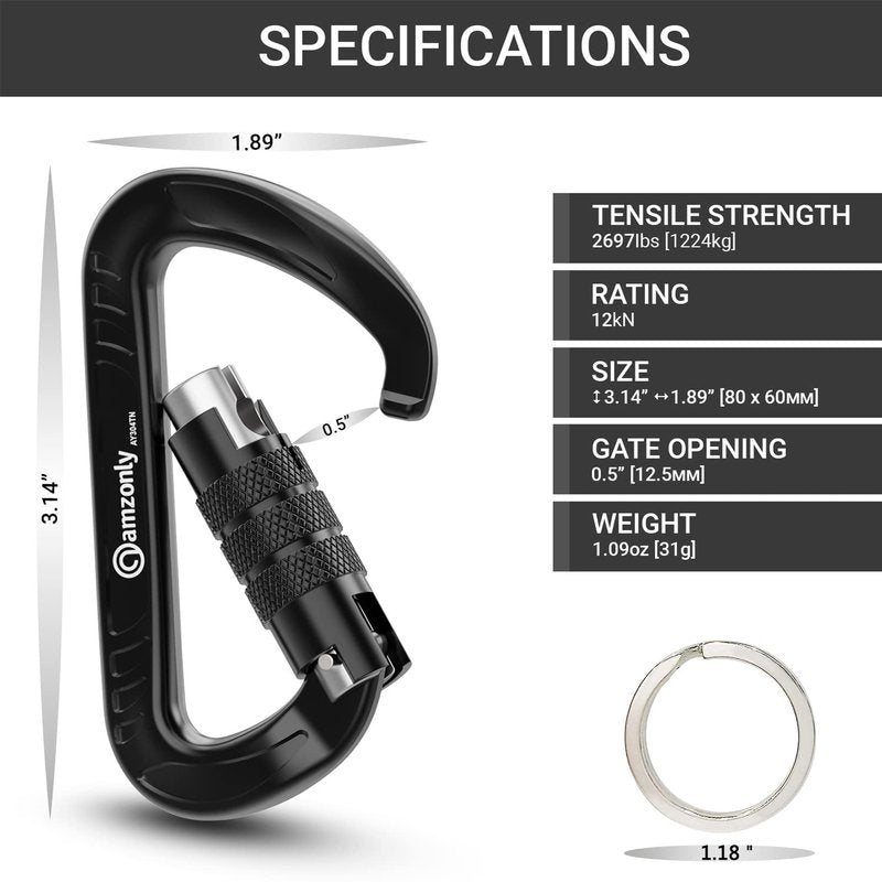 3inch Auto Locking Carabiner Clips Heavy Duty, 12KN /2697lbs Lightweight Keychain carabiners, Sturdy Twist Lock Caribeeners for Camping Hiking Hammock Swing Backpack, Dog Leash and Harness etc, Black