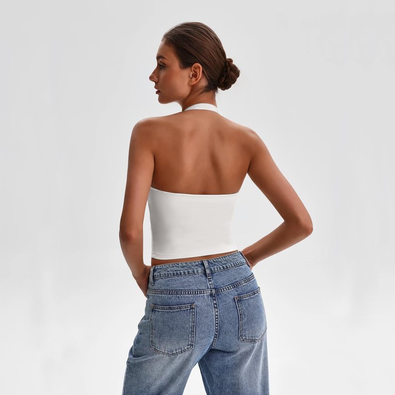 ABOCIW Workout Halter Tops for Women with Built in Bra Square Neck Longline Sports Bra Padded Yoga Pilates Tops Backless Gym Athletic Crop Tank Top White Medium