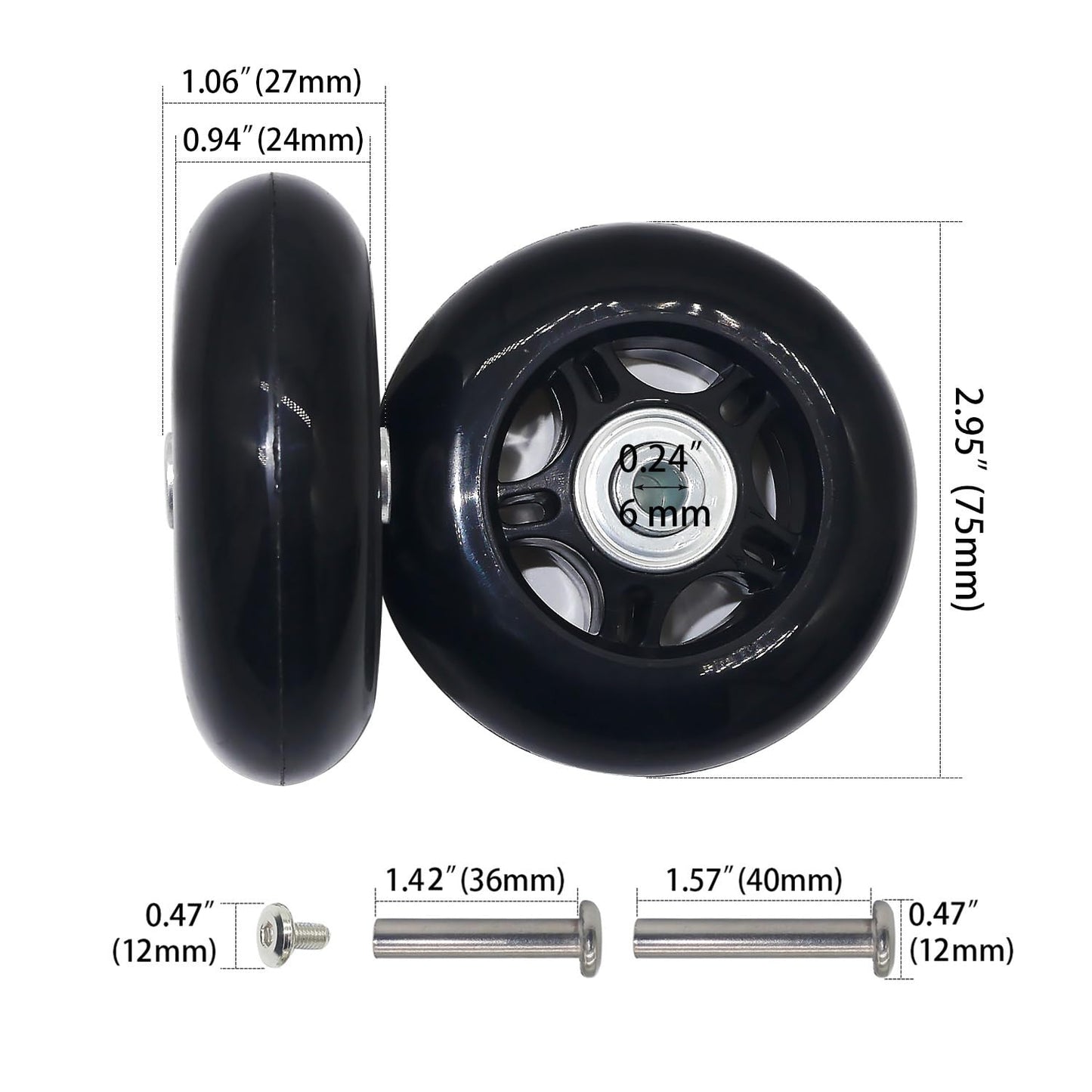 Mute Wear-resistant Outer Diameter 2.95 inch Luggage Suitcase Replacement Wheels Kit Inline Outdoor Skate Replacement Wheels (2.95" x 0.94")