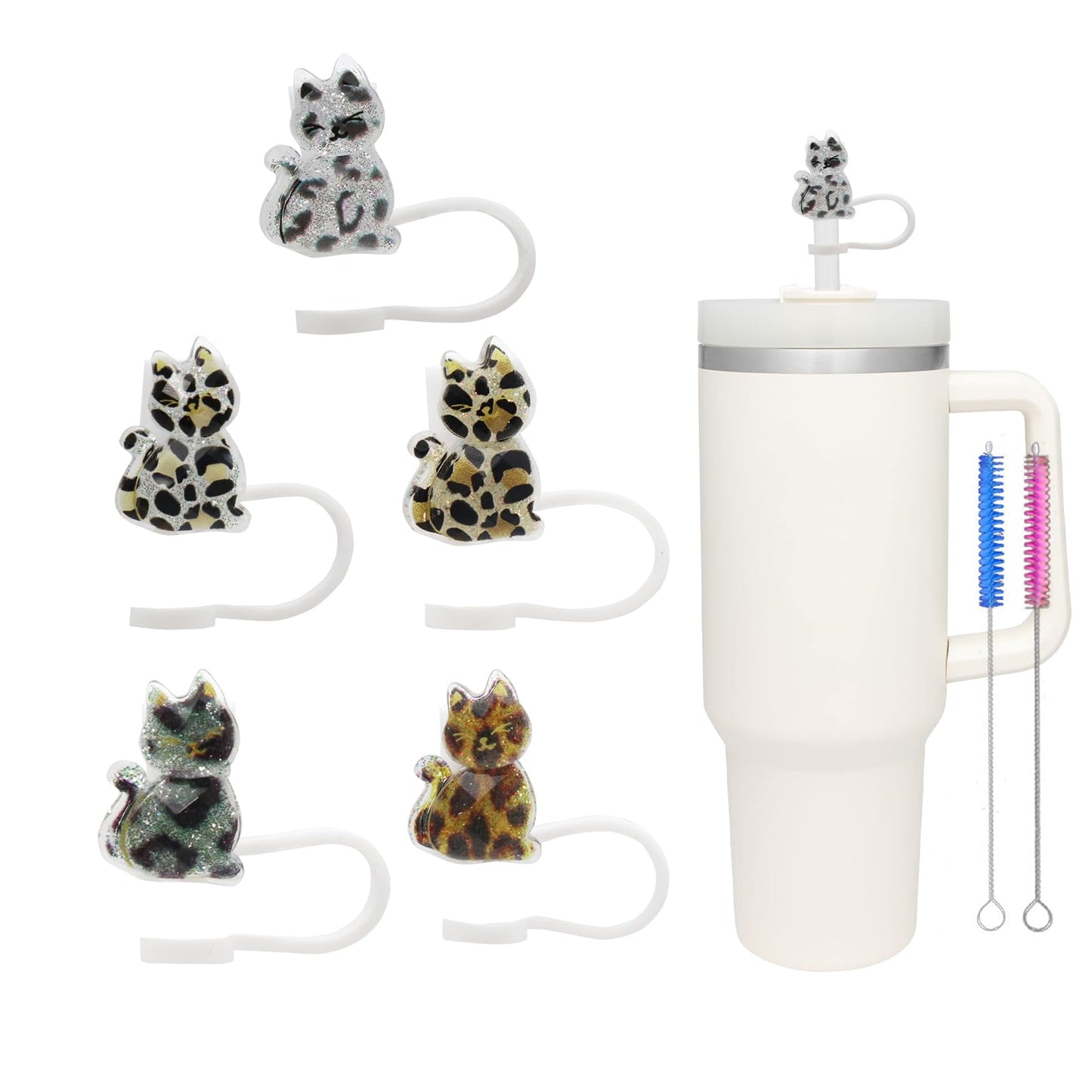 5Pcs Glitter Cat Straw Covers Cap for Stanley Cup, 0.4in/10mm Silicone Straw Toppers Compatible with Stanley 30&40 Oz Tumblers, Reusable Drinking Straw Tips Lids