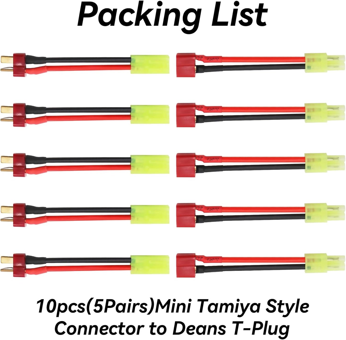 Tamiya Mini Connector to Deans T Plug - 10 Pack 16AWG Male/Female Adapter for RC Cars & Airsoft